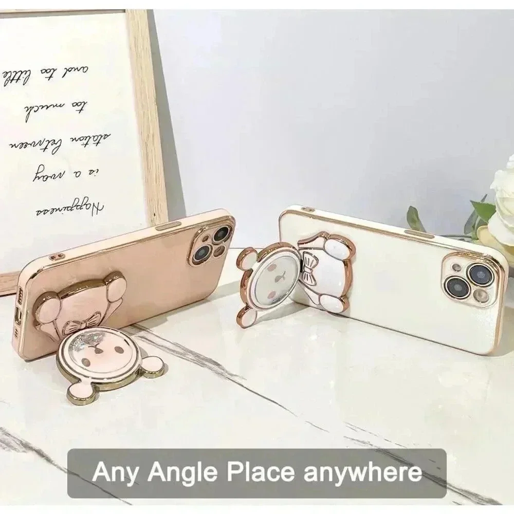Glitter Bear Kickstand‎ W/Mirror Case For iPhone 15 Pro 6.1” Pink Gold Trim
